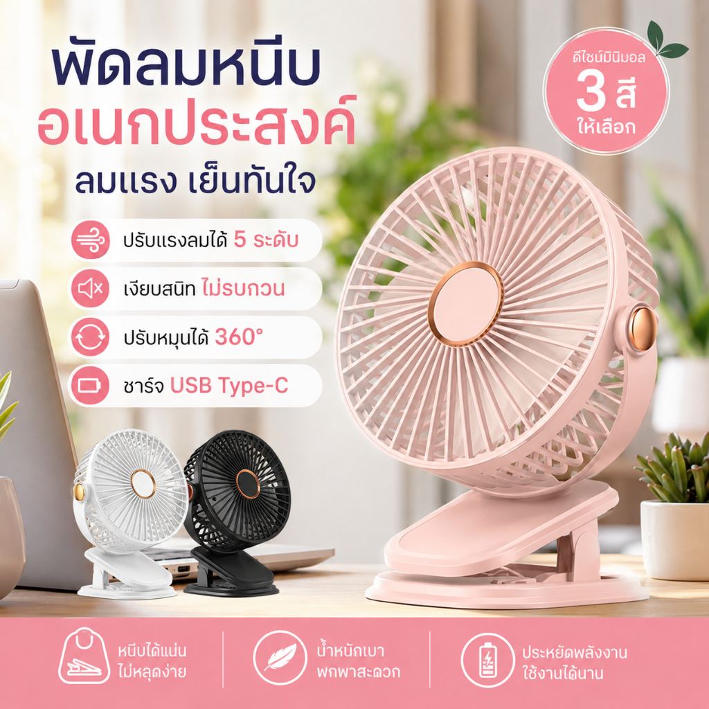 พัดลม 7 นิ้ว พัดลมตั้งโต๊ะพลังเทอร์โบ ปรับได้ 3 ระดับ หมุนปรับได้ ชาร์จ USB ปรับได้ 360° พกพาสะดวก【พร้อมส่ง】