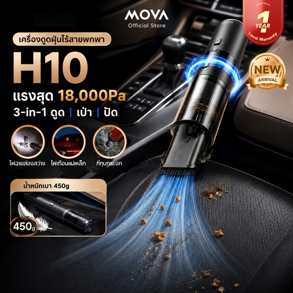 MOVA H10 เครื่องดูดฝุ่นในรถยนต์ ไร้สาย พลังดูดสูง 18000Pa เครื่องดูดฝุ่นพกพา ค้อนทุบกระจกนิรภัย ไฟฉุกเฉิน ไฟฉาย เบา 450g