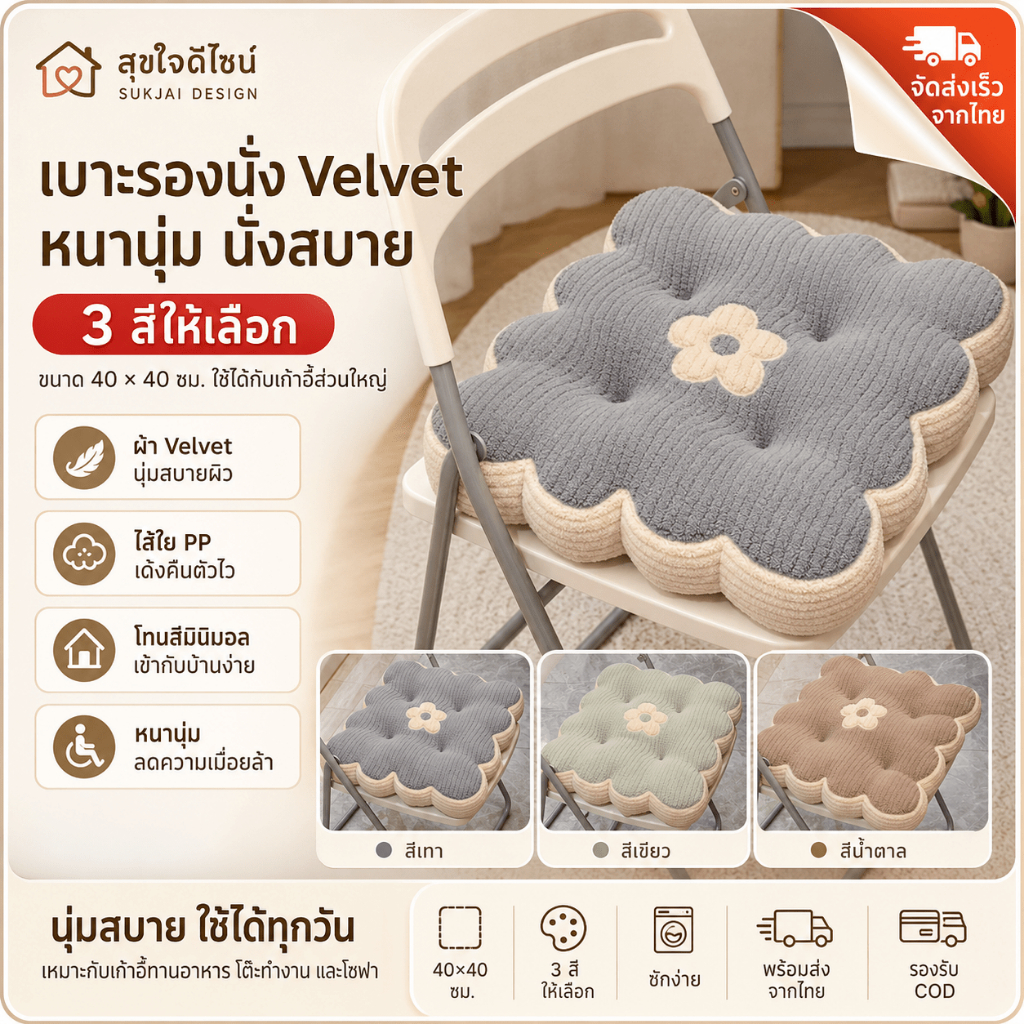 เบาะรองนั่ง ขนาด40x40ซม. นุ่มหนาพิเศษ ผ้ากำมะหยี่ เบาะเก้าอี้ตกแต่งบ้าน หลายสีเขียวเทาน้ำตาล นั่งสบาย ไม่อั้น
