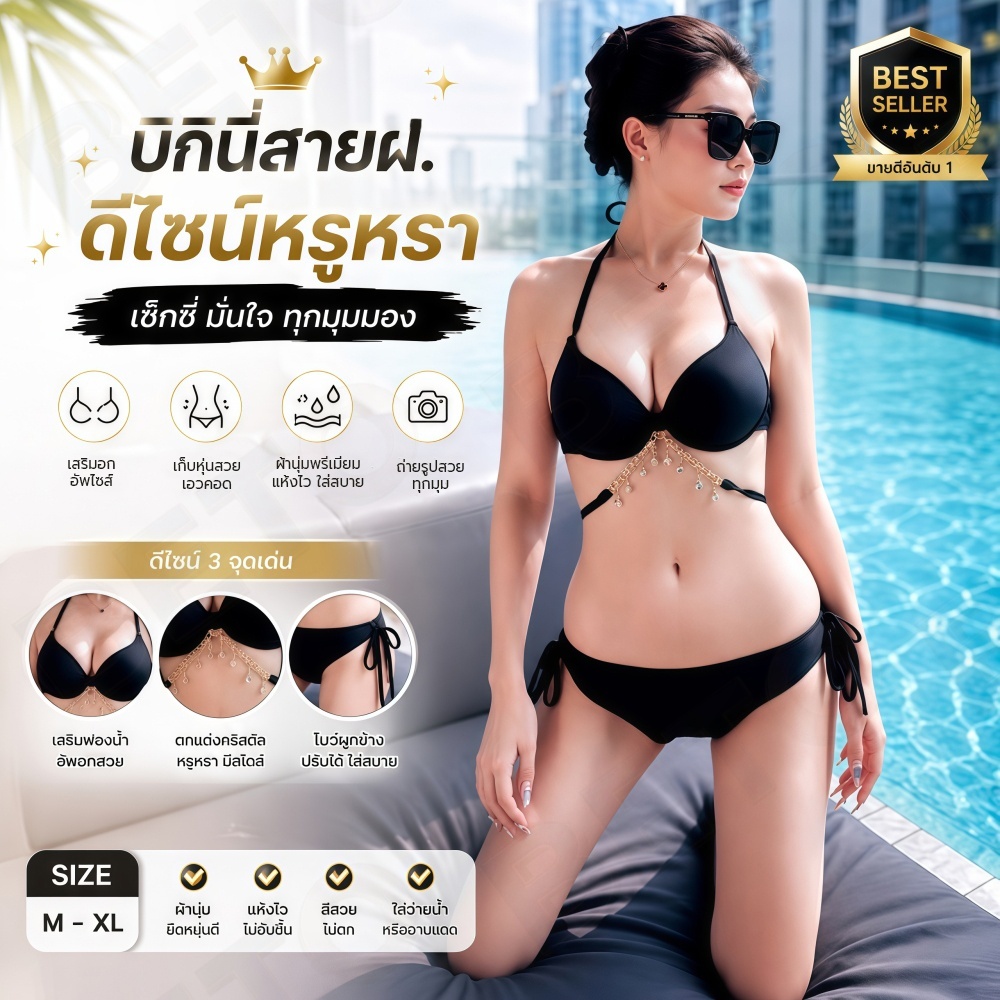 A04-ส่งไวจากไทย! บิกินีสีดำหรู สายคริสตัลปรับได้ ชุดว่ายน้ำเซต 3 ชิ้นพร้อมผ้าผูกสะโพก ไม่ต้องรอพรี