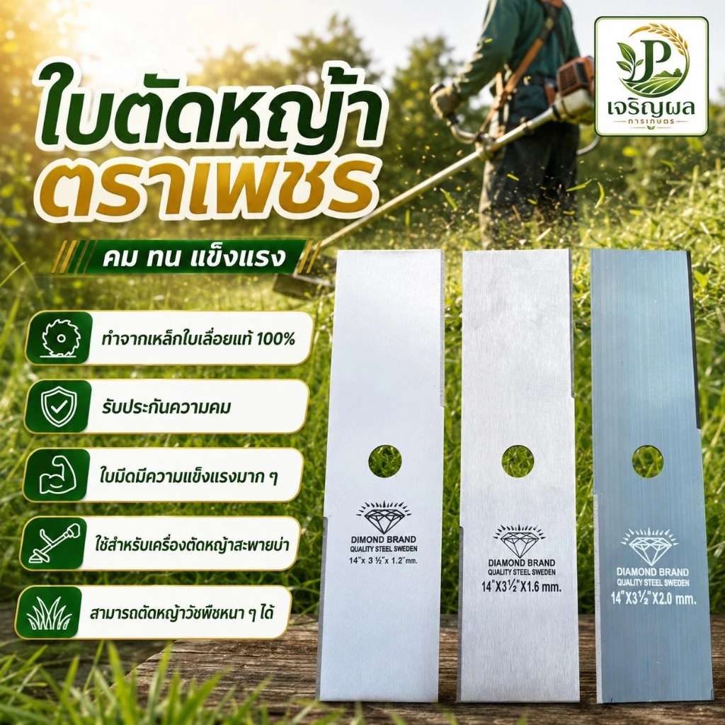 ใบตัดหญ้าตราเพชร รุ่นหนา 1.2 1.6 2 มิลลิเมตรมีขนาด 12, 14, 16,18 นิ้ว ทำจากใบเลื่อยแท้100%ลับคมง่าย