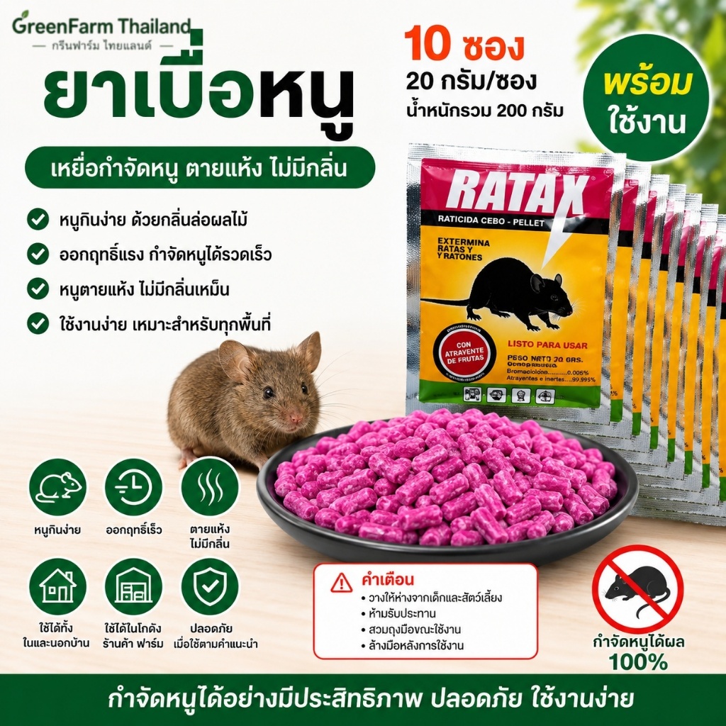 🐭พร้อมส่ง🐭ยาฆ่าหนู ตายแห้งไม่มีกลิ่น เหยื่อกำจัดหนูแบบเม็ด กลิ่นล่อหนูแรง ใช้ในบ้าน โกดัง ฟาร์ม 10ซองx20g