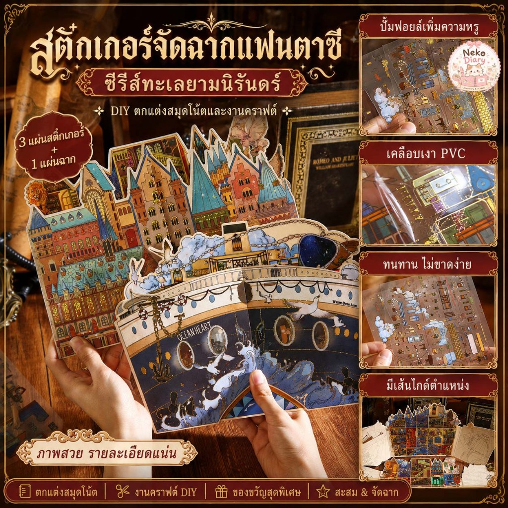 สติกเกอร์จัดฉากจิ๋ว DIY ซีรีส์ทะเลยามราตรีและมนตร์ไม่สิ้นสุด สไตล์วินเทจผจญภัยเวทมนตร์ งานฝีมือคลายเครียด
