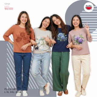 เสื้อแตงโม (SUIKA) - เสื้อแตงโม คอปาดแขนสามส่วน ผ้าสลาฟ พิมพ์ลายดอกไม้ ( PL.C3-287 285 183 )