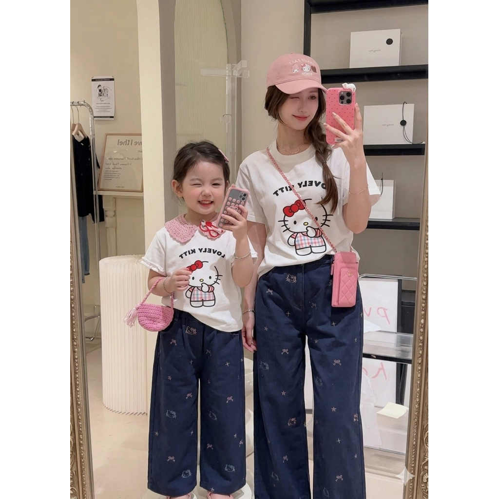 ชุดคู่แม่ลูก เสื้อยืด กางเกงยีนส์แมวKT.