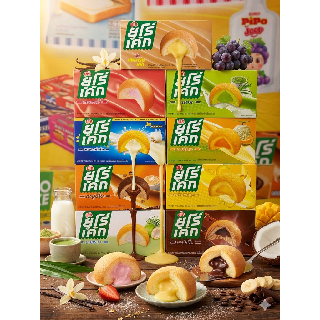 EURO ยูโร่เค้ก พัฟเค้กสอดไส้ครีม หลากหลายรสชาติ 17 กรัม X 12 ซอง อร่อย กินเพลิน พร้อมส่ง