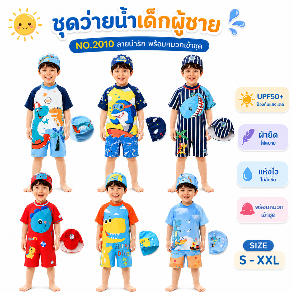 2010🦕🦕ชุดว่ายน้ำเด็ก ชุดว่ายน้ำการ์ตูนมีซิปหลัง ฟรี หมวกกันแดด! กันยูวี 50+