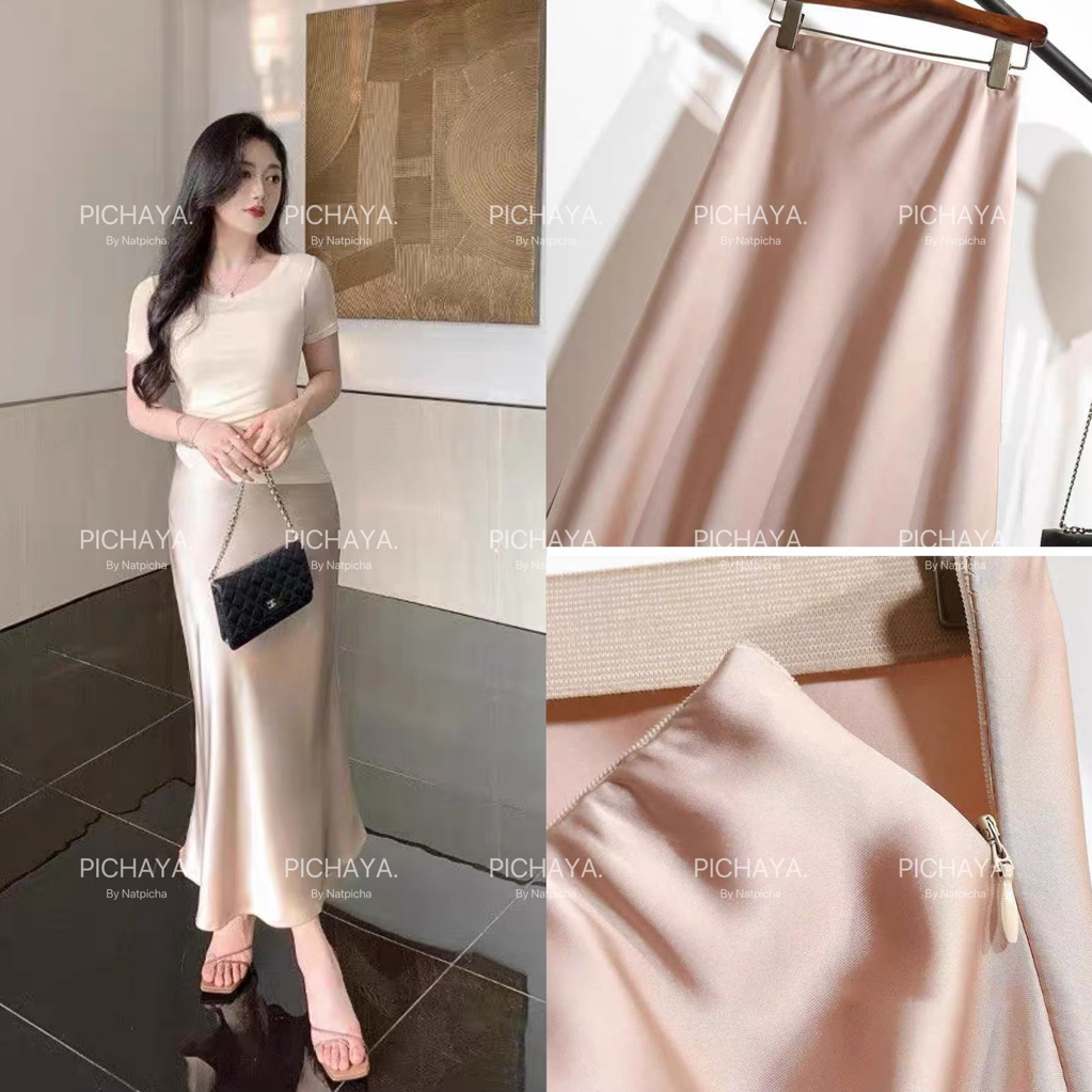 กระโปรงยาวสี Dusty pink satin skirt ผ้าซาตินผ้าพรีเมี่ยมเงาสวย เอวยืดมีซิปซ่อนซิปข้าง มีไซส์ S-M-L-XLสินค้าพร้อมส่งด่วน