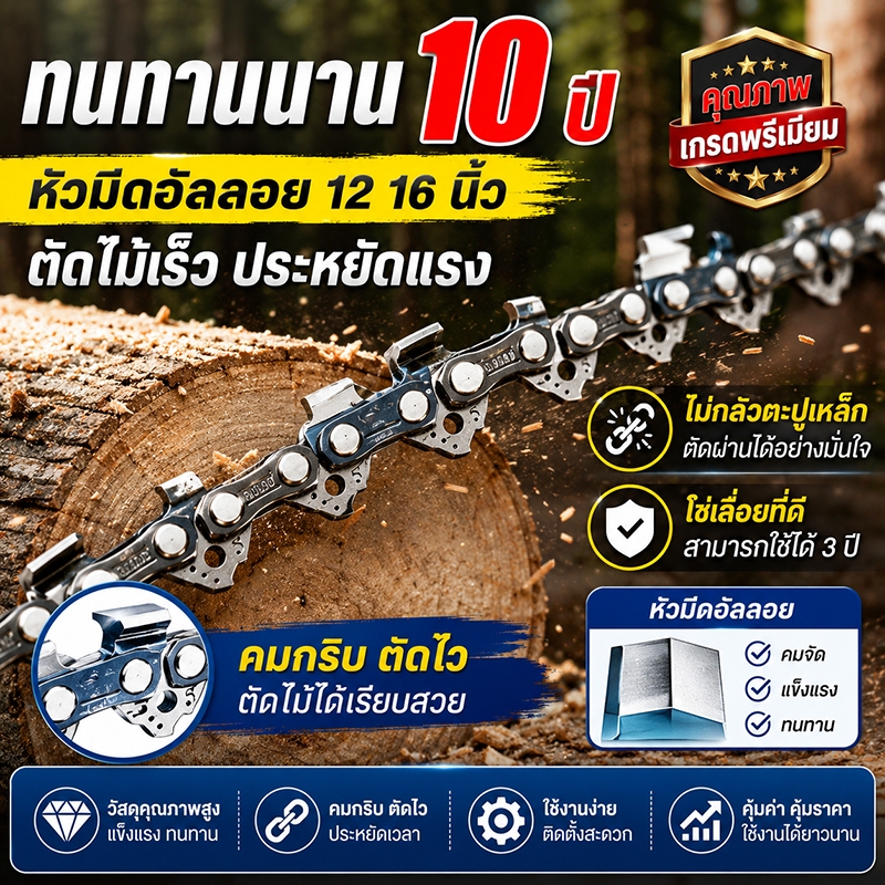 ทนทานนาน 10 ปี โซ่เลื่อยยนต์ เลื่อยตะปูเหล็กได้ โซ่เลื่อยยนต์3/8ใหญ่ ขนาด12,16, นิ้ว คมทน 100%