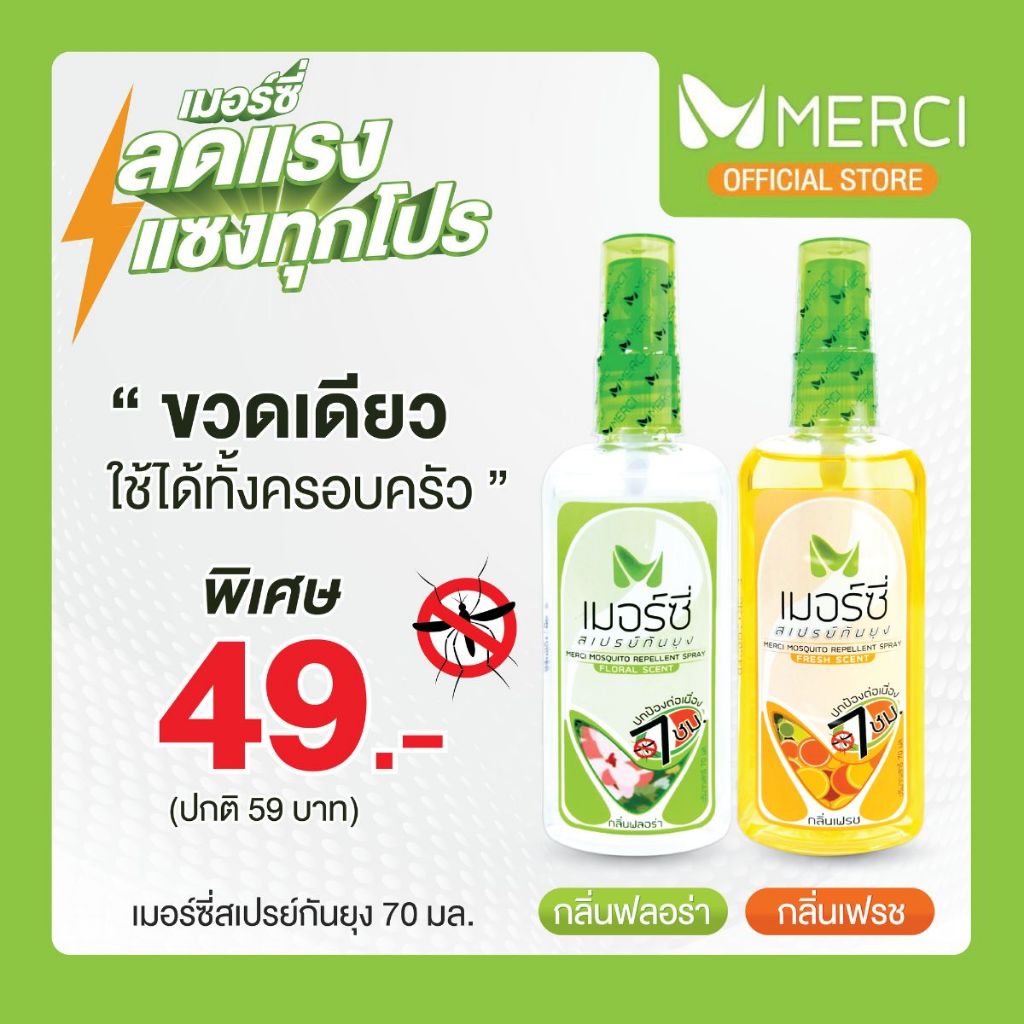 (โปร 49 บาท‼️) สเปรย์กันยุง Merci 70 ml. กันยุงนาน 7 ชั่วโมง ใช้ได้ทั้งเด็กผู้ใหญ่ แห้งไวไม่เหนียว ยากันยุงป่า ไล่ยุง