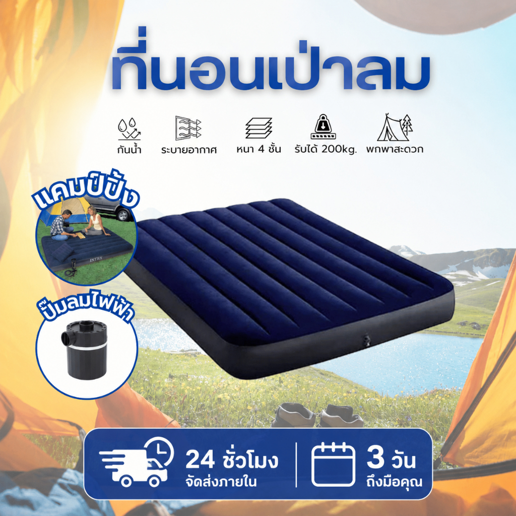 เตียงลมกลางแจ้ง ที่นอนเป่าลมพกพา วัสดุ PVC ทนทาน น้ำหนักเบา พร้อมหลายขนาดเลือก 2.5-5 ฟุต พับเก็บง่าย