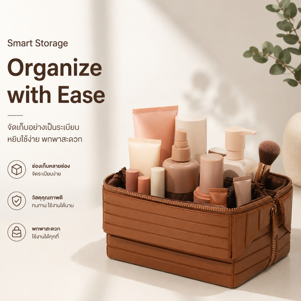 กระเป๋าจัดเก็บเครื่องสำอางและอุปกรณ์ดูแลผิว Skin Care รุ่นใหม่ 2026 ขนาดใหญ่ความจุสูง มีพาร์ทิชันแยกช่อง พกพาง่าย เหมาะส
