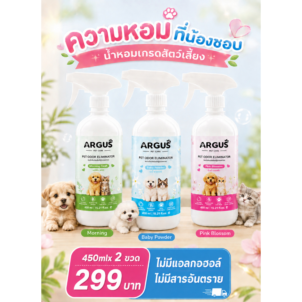 ARGUS สเปรย์ดับกลิ่นฉี่หมาแมว  ผ่านเอนไซม์ชีวภาพสลายดับกลิ่นต้นตอ โดยไม่ใช้น้ำหอมกลบใช้Pet Grade Fragrance