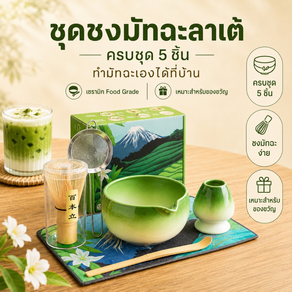🍵ชุดชงมัทฉะญี่ปุ่น เซ็ต 5 ชิ้น เซรามิก Food Grade พรีเมียม พร้อมแปรงไม้ไผ่ สำหรับโฮมคาเฟ่