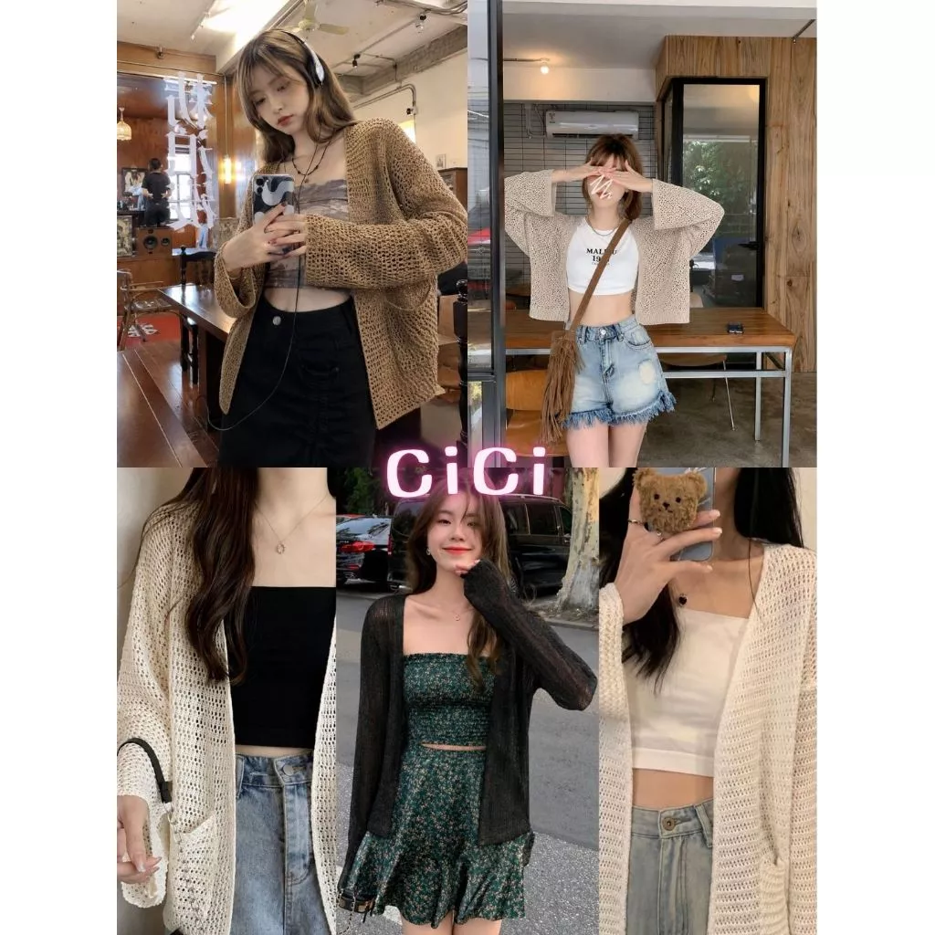 ส่งทันทีCici (NO. 1100) เสื้อคลุมแขนยาว ผ้าตาข่าย แต่งดีเทลกระเป๋าหน้าสองข้างใช้งานได้จริง