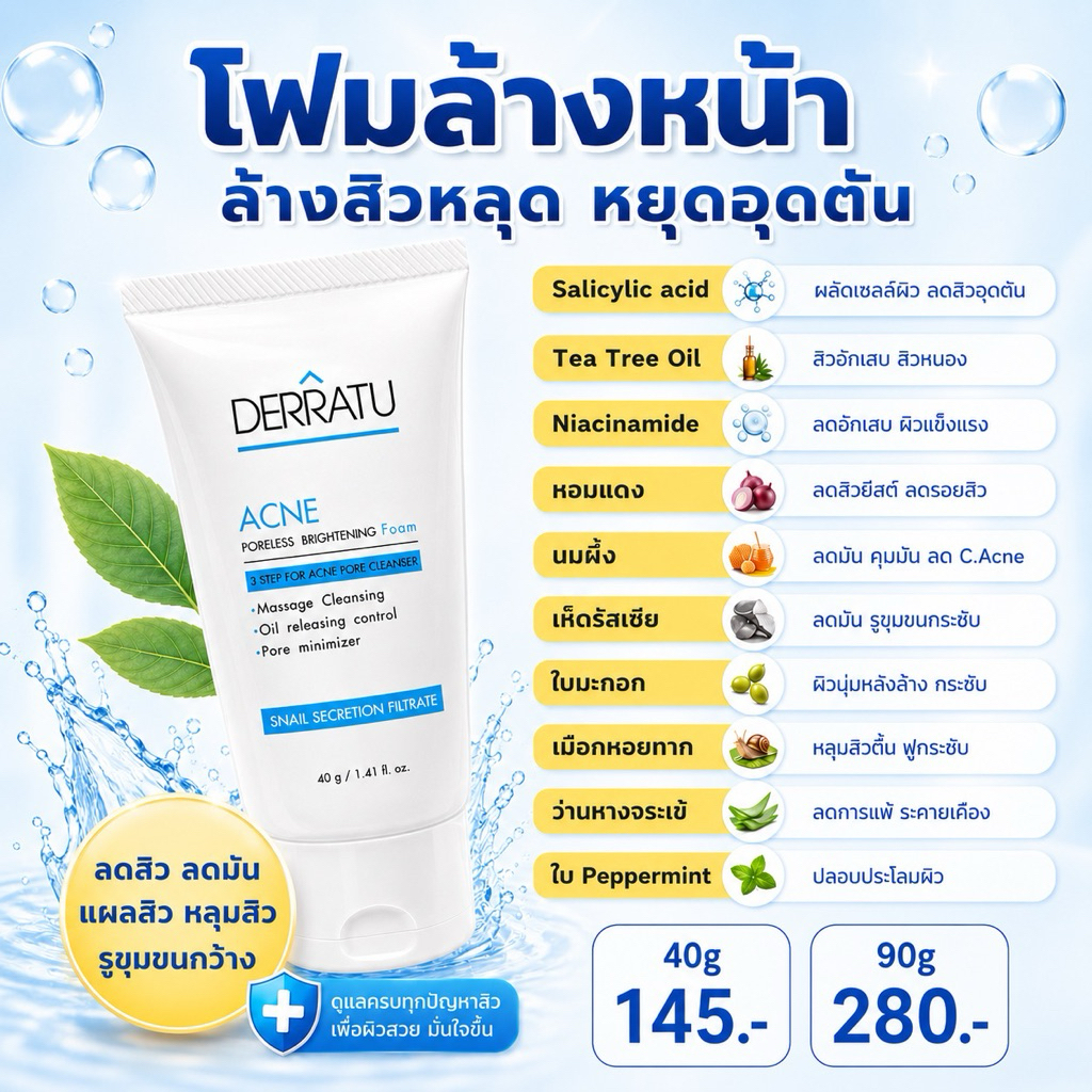 โฟมล้างหน้า 40g DERRATU สิวผด สิวยีสต์ สิวอุดตัน สิวอักเสบ ผิวติดสาร ลดมัน แผลสิว รูขุมขนกระชับ