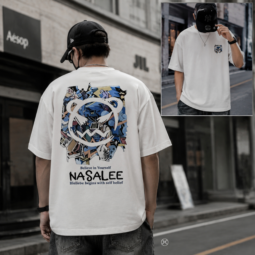 เสื้อยืดผู้ชายสีขาวลายกราฟฟิตี้ "NASALEE" สไตล์สตรีต แฟชั่นคูลๆ ใส่สบาย