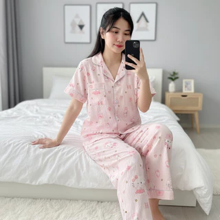 NEW ชุดนอนผ้าไหมญี่ปุ่นผ้านุ่มยืดใส่สบาย แขนสั้นขายาว แต่งลายน่ารักเรียบง่าย สินค้าพร้อมส่งไทย