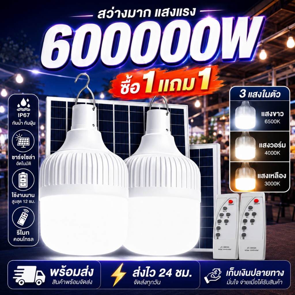 ซื้อ1แถม1ไฟโซล่าเซลล์ LED ไฟฉุกเฉิน ไฟแคมป์ปิ้ง พกพา กันน้ำกลางแจ้ง
