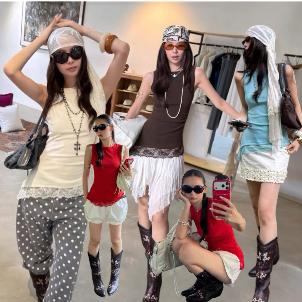 ส่งด่วน 🛵 26T223  MMFISH เสื้อแขนกุดแต่งขอบลูกไม้ลุคซอฟต์และเรียบหรู