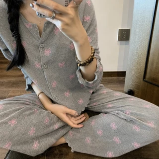 women clothes ชุดนอน ชุดเซ็ท สไตล์เกาหลี พิมพ์พร้อมโบว์ นุ่มและสบาย พร้อมส่งจากไทย
