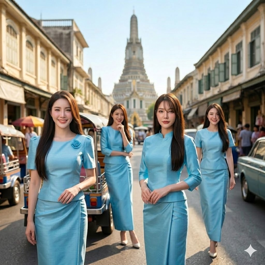 เสื้อผ้าไหมสี่เส้น รหัส UU สีฟ้าอ่อน อัดกาวซับในเต็มตัว ทรงสุภาพ คอกลม คอบรมพิมาน แขนยาว แขนสั้น ใส่ทำงาน ใส่ทำบุญ