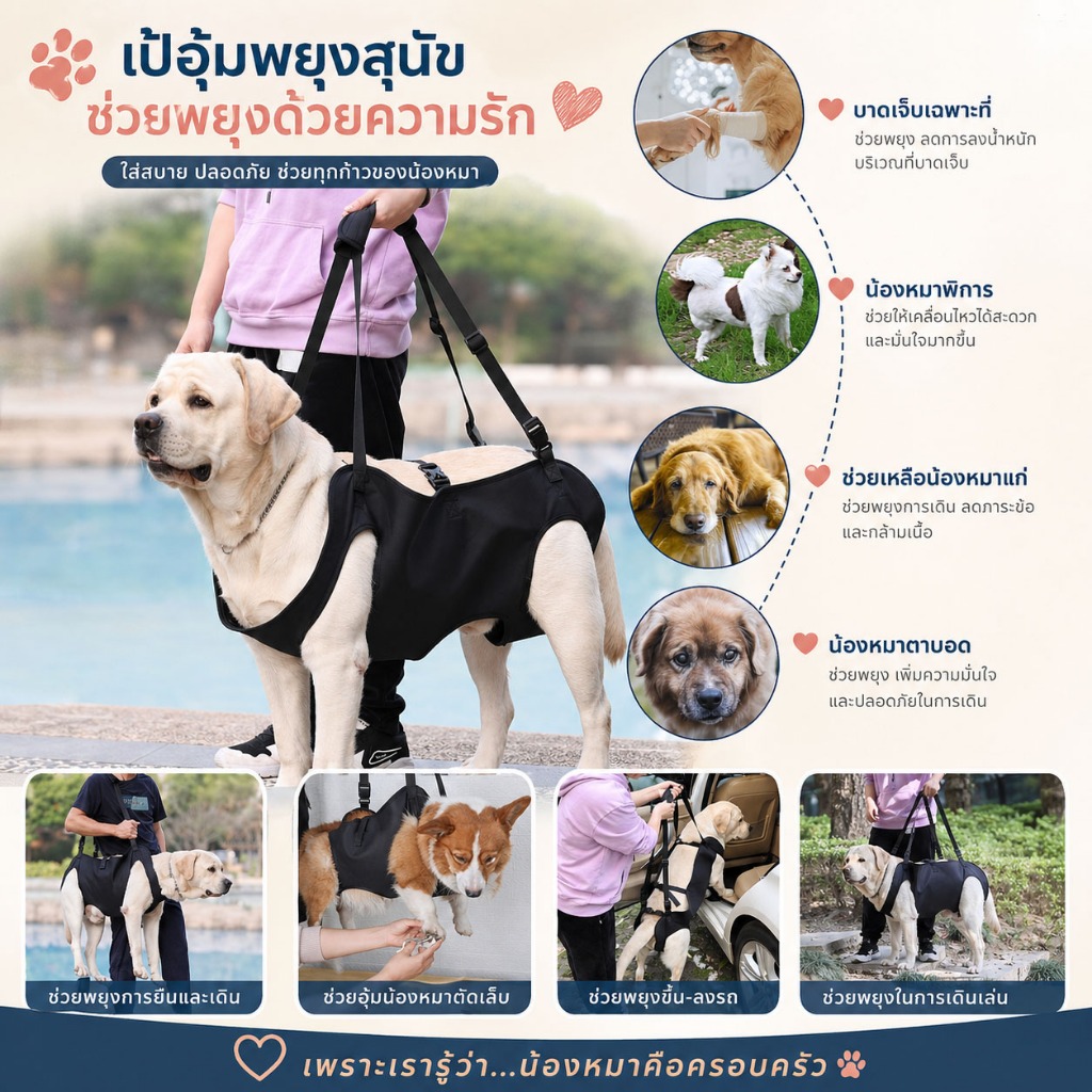 ผ้าพยุงสุนัขแบบยกทั้งตัว สายรัดพยุงสัตว์เลี้ยง  อุปกรณ์ช่วยฟื้นฟูสุนัข สำหรับสุนัขแก่ การช่วยเหลือสุนัขสูงอายุ