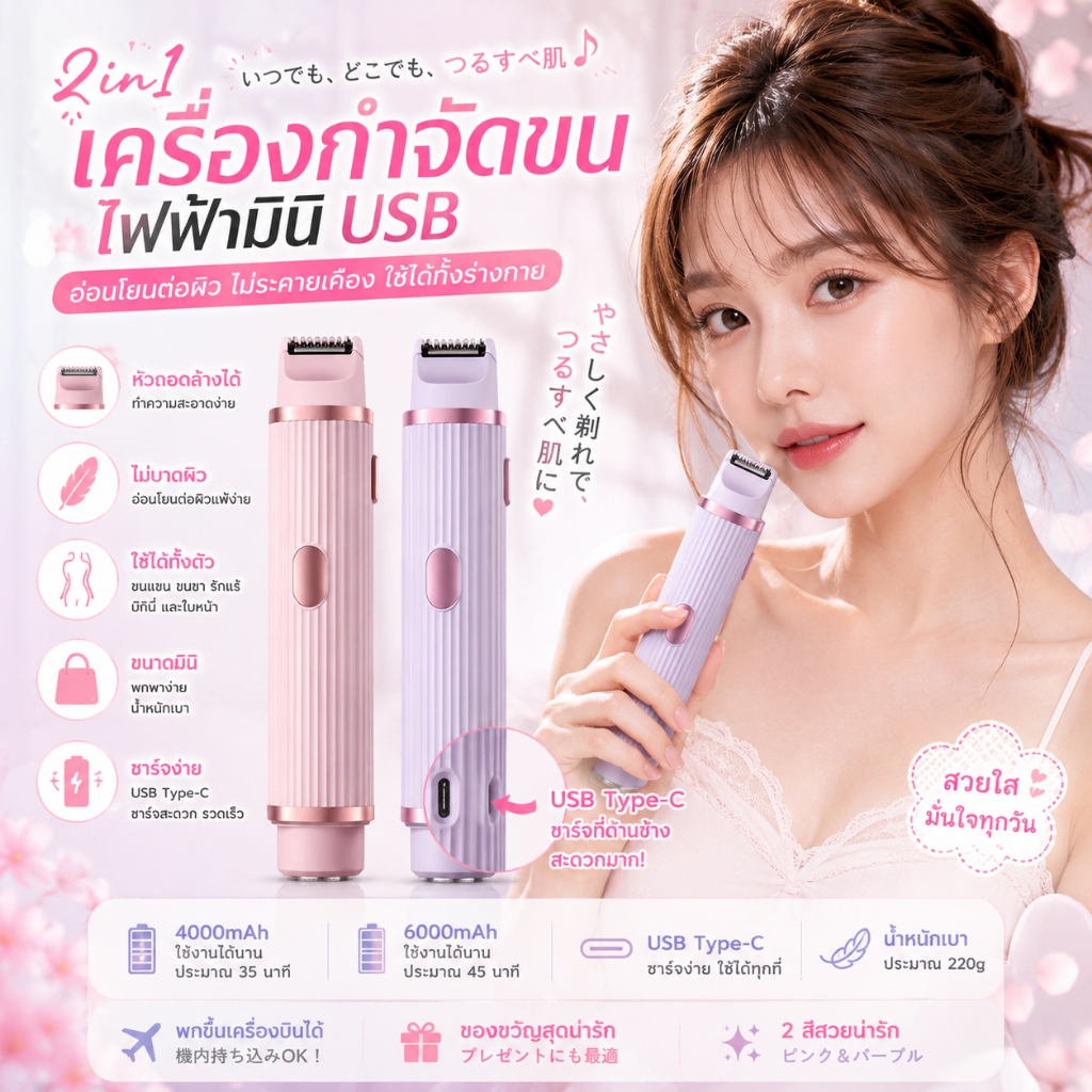 【ส่งฟรี+COD】2in1 เครื่องกำจัดขนไฟฟ้าสำหรับผู้หญิง ขนาดพกพา ใช้ได้สำหรับรักแร้/ใบหน้า/ขนขา มีประสิทธิภาพสูง ใช้งานง่าย