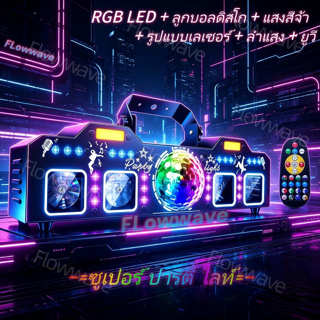 Flowwave ไฟดิสโก้ RGB หมุนได้ ควบคุม DMX512/เสียง – ลวดลายไฟเลเซอร์ UV แบบกระพริบและแอนิเมชัน เหมาะสำหรับงานอีเวนต์ ปาร์