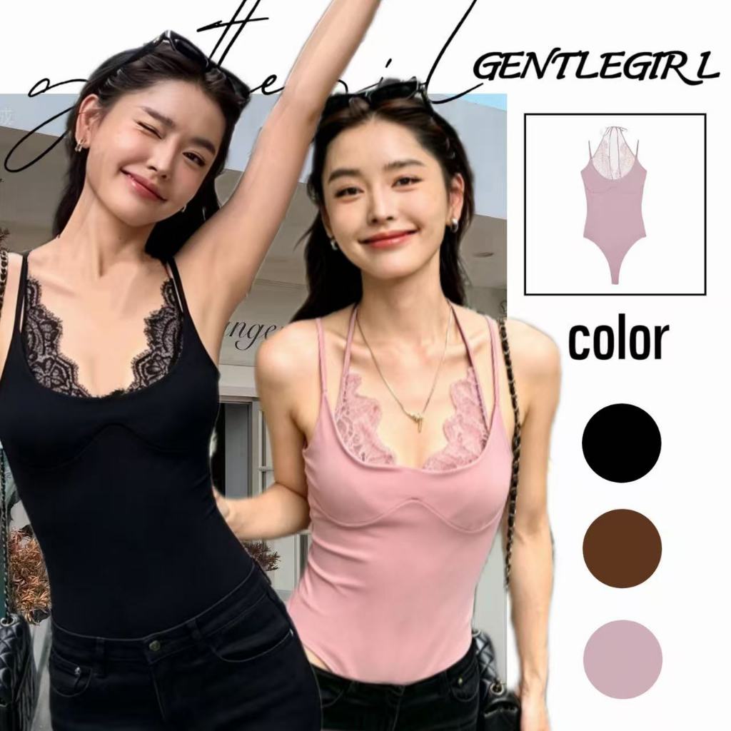 #GG🎀เสื้อสายเดี่ยวผ้าลูกไม้แบบผูกคอ จั๊มสูทสั้นไร้สายสไตล์ใหม่สำหรับฤดูร้อนของผู้หญิง