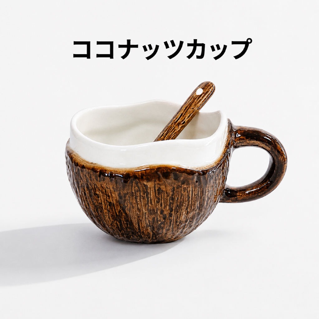 แก้วกะลามะพร้าว แก้ว แก้วกาแฟ  เป็นงานเซรามิก พร้อมช้อนเซรามิ กลายมะพร้าวเสมือนจริง
