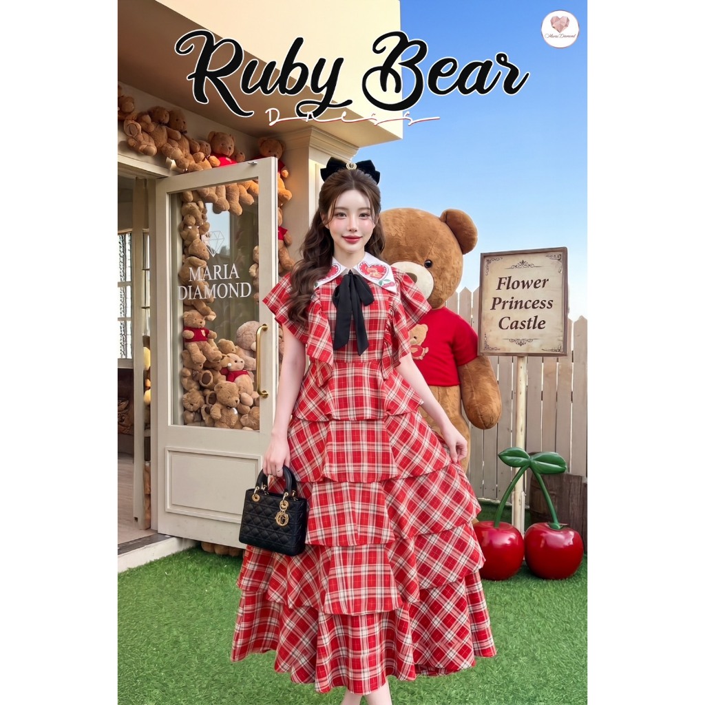 (มี3XL) Boniga สีแดงสก็อต Ruby Bear Dress เดรสยาวผ้าทอสีแดงสก็อต ปกแหลมพิมพ์ลายเทดดี้ แขนระบาย แต่งโบว์หน้าสีดำ ซิปหลัง
