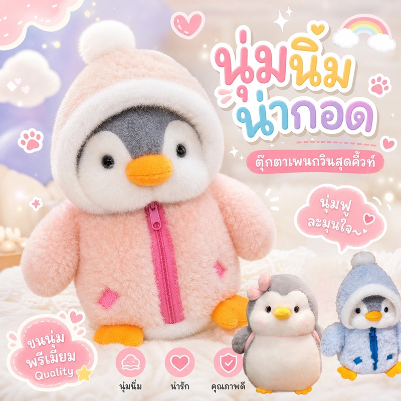 COD⛄ตุ๊กตาเพนกวิน สวมหมวก นุ่มและน่ารัก ของขวัญวันเกิด เหมาะสำหรับการถ่ายภาพ