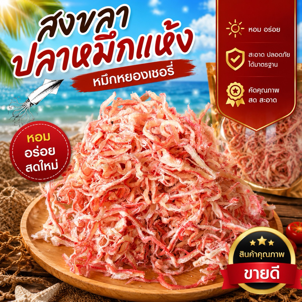 หมึกหยองเชอรี่ ปรุงรส เผ็ดน้อย อาหารทานเล่น พร้อมทาน