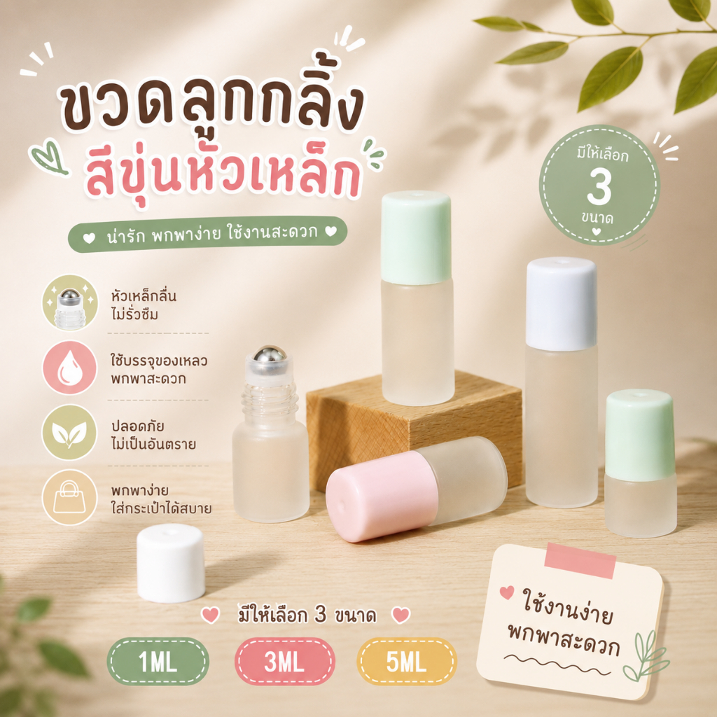 ขวดลูกกลิ้ง สีขุ่นหัวเหล็ก 1ml 3ml 5ml 🩷 ขวดแก้วขุ่นดีไซน์มินิมอล ฝาพาสเทลน่ารัก พกพาสะดวก ใช้งานง่าย
