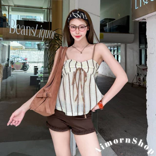 🔥aimorn_shop🔥 เสื้อสายเดี่ยว ผูกโบว์รูดปรับช่วงอก สายปรับได้นะ และเพิ่มความเก๋ ด้านหลังเป็นสม็อค งานสวยๆ