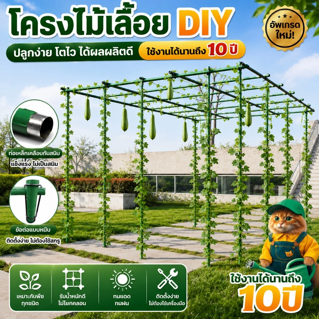 โครงไม้เลื้อย DIY โครงปลูกผัก เหล็กเคลือบพลาส ซุ้มไม้เลื้อย ยาว120-240ซม. หนา16มม. ไม้ค้ำยันต้นไม้ ค้างต้นไม้ ทนทาน 10ปี