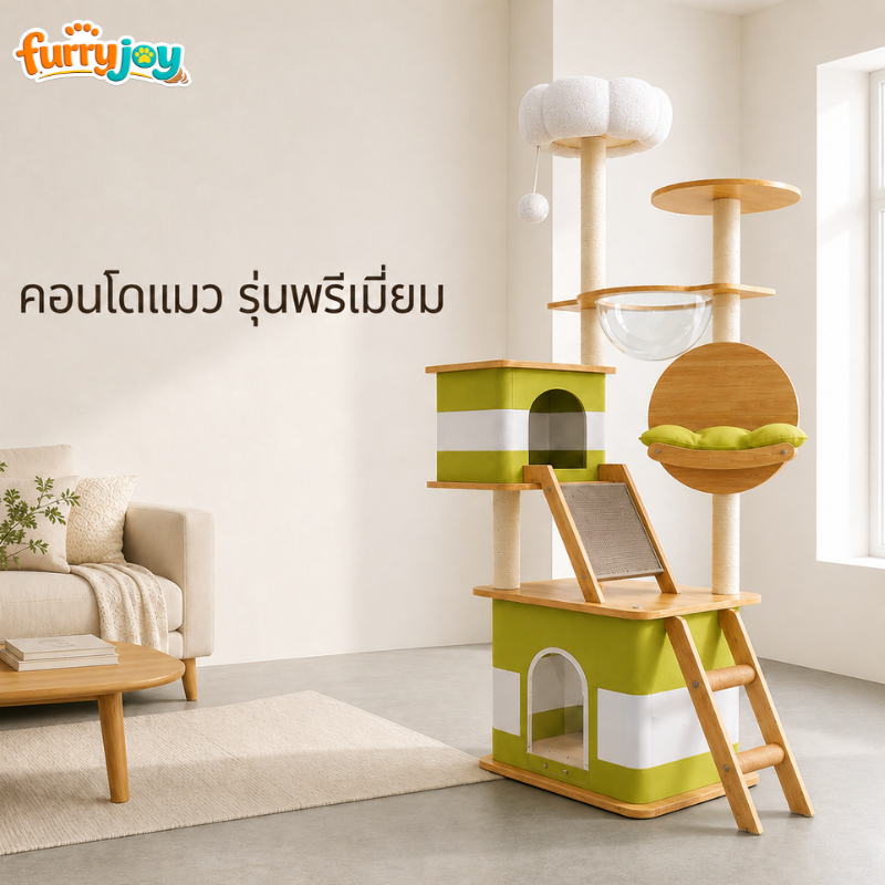 [FurryJoy]คอนโดแมว 155cm Minimal Style บ้านแมว 6 ชั้น หลุมอวกาศ เปลนอน เสาลับเล็บ Oxford แข็งแรง ไม่โยกเยก