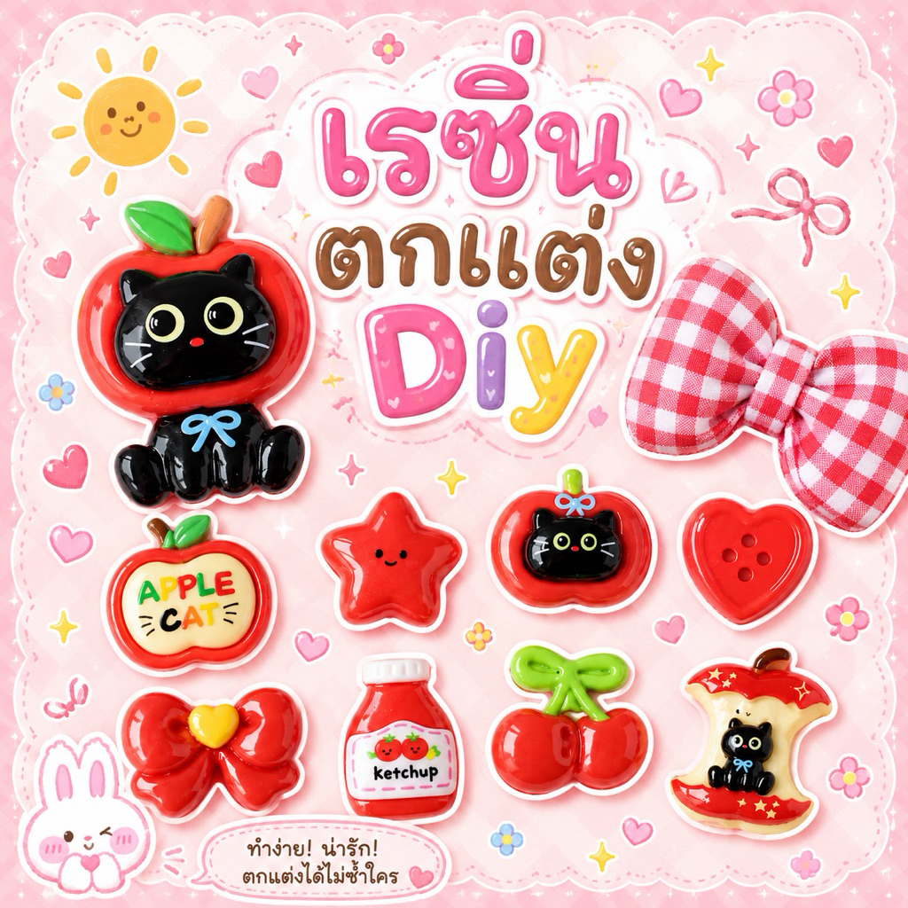 🇹🇭 เรซิ่น (054) 🍎🐱 แอปเปิ้ลแมวดำ เซ็ท 10 ชิ้น การ์ตูนเคลือบเงา ตกแต่ง diy ติดหลังโทรศัพท์ กิ๊บติดผม งานDIY