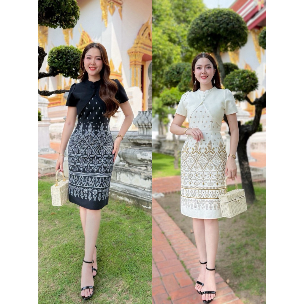พร้อมส่ง ชุดเดรสผ้าฝ้ายพิมพ์ลาย อัดกาว แต่งกั๊ก ทันสมัย เริ่ดด เรียบหรู สง่า