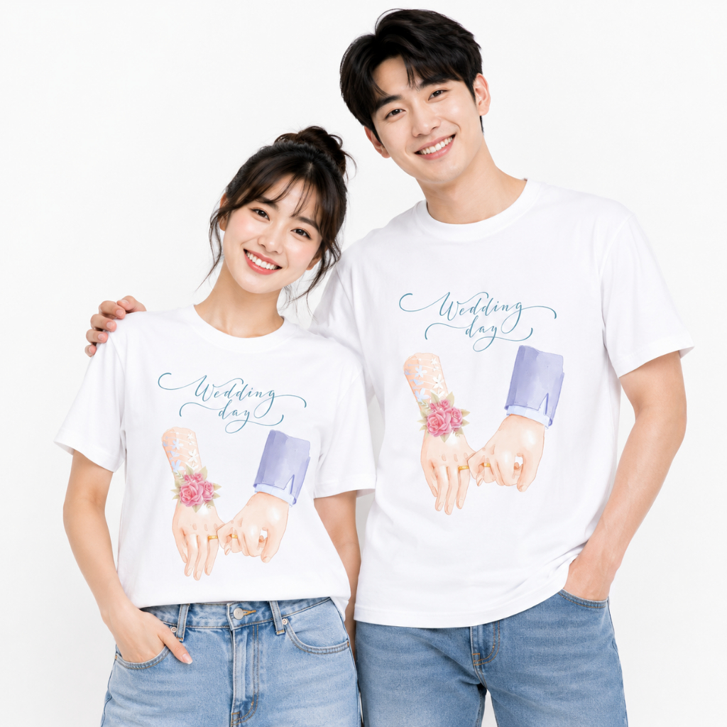 เสื้อยืดงานแต่งสีขาว ทีมเจ้าบ่าว เจ้าสาว เพื่อนบ่าวสาว แจกญาติ แม่ครัว ใส่แห่ขันหมาก ปาร์ตี้หลังงานแต่ง ขอแต่งงาน