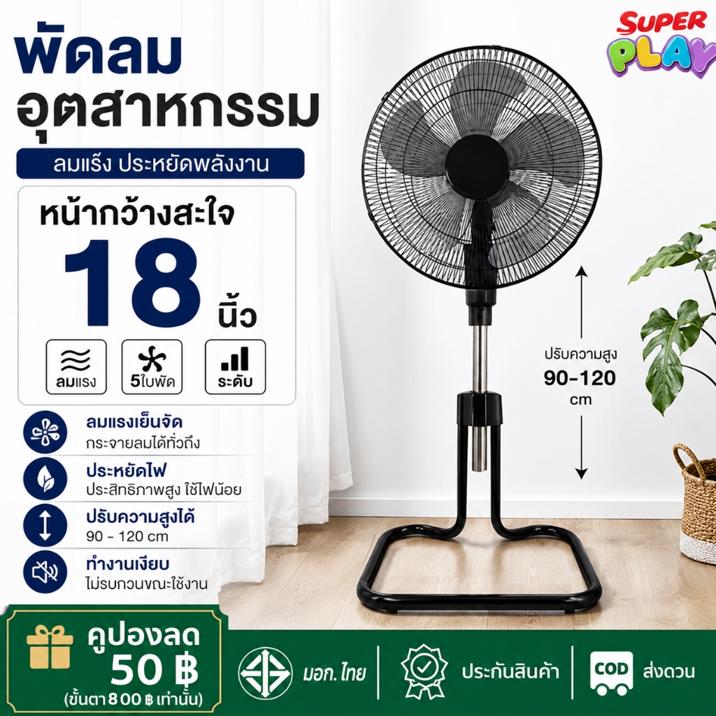 พัดลมอุตสาหกรรม 20นิ้วแรงลมแรง ทนทาน ระบายอากาศดี สำหรับบ้าน ร้าน สำนักงาน พัดลม