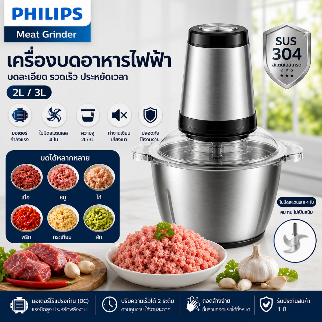 เครื่องบดอาหารไฟฟ้า Meat Grinder 2L/3L เครื่องบดอเนกประสงค์ ปั่น บด สับ ถอดล้างง่าย ฐานสแตนเลสแข็งแรง