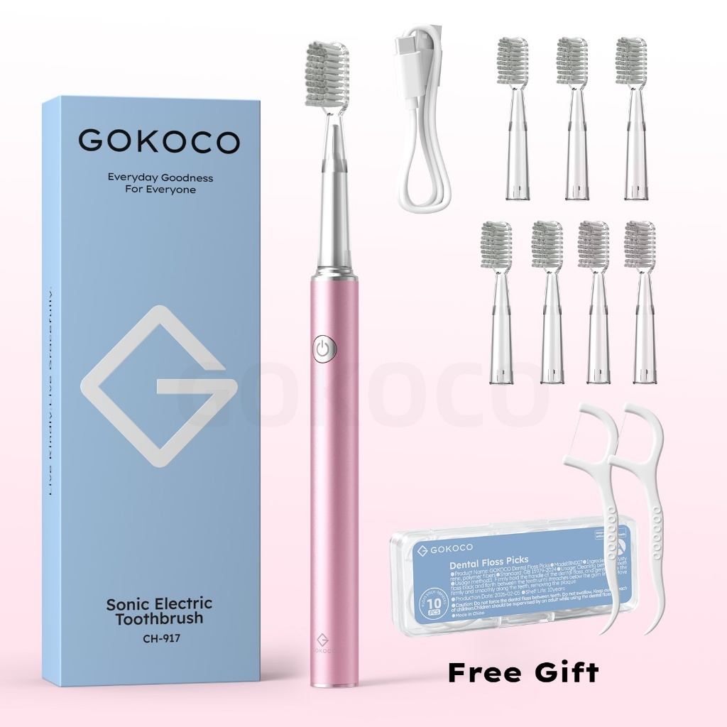 GOKOCO  แปรงสีฟันไฟฟ้า หัวแปรง 7 ชิ้น พร้อมจับเวลา 2 นาที แบบโซนิค 18000 รอบ/นาที 3 โหมด ขนแปรงนุ่ม กันน้ำ IPX7 Type-C