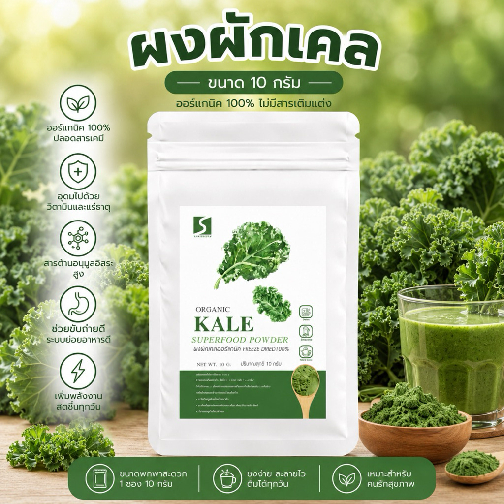🥬 ขนาดทดลอง ผงผักเคล 100% (Kale Powder) ปริมาณสุทธิ 10 กรัม