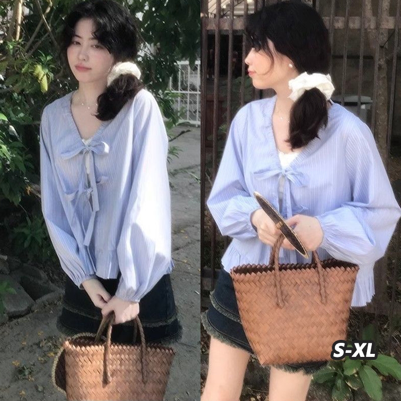 👚Anna_fashion👚เสื้อเชิ้ตแขนยาวทรงหลวมสำหรับผู้หญิง เสื้อเชิ้ตแฟชั่นไซส์ใหญ่ราคาถูก เสื้อเชิ้ตลายทางสไตล์เกาหลี W680