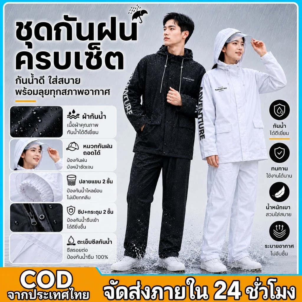 ชุดเสื้อกันฝนแบบสองชิ้น มีแถบสะท้อนแสงและหมวก