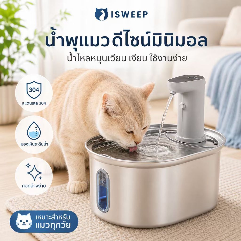 [ประกัน2 ปี] น้ำพุแมวสแตนเลสไร้สาย ความจุ 3.2L แบตเตอรี่ 4600mAh รุ่น Stainless460