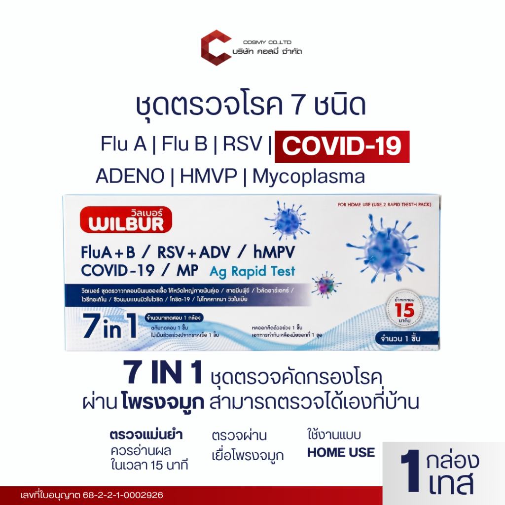 WILBUR 7in1ตรวจหาไวรัส 7สายพันธุ์ Covid-19 ไข้หวัดใหญ่ fiu A+B hMPV RSV+ADV MP ผลตรวจเเม่นยำใช้งานง่าย (เช็ต1,3,5เทส)