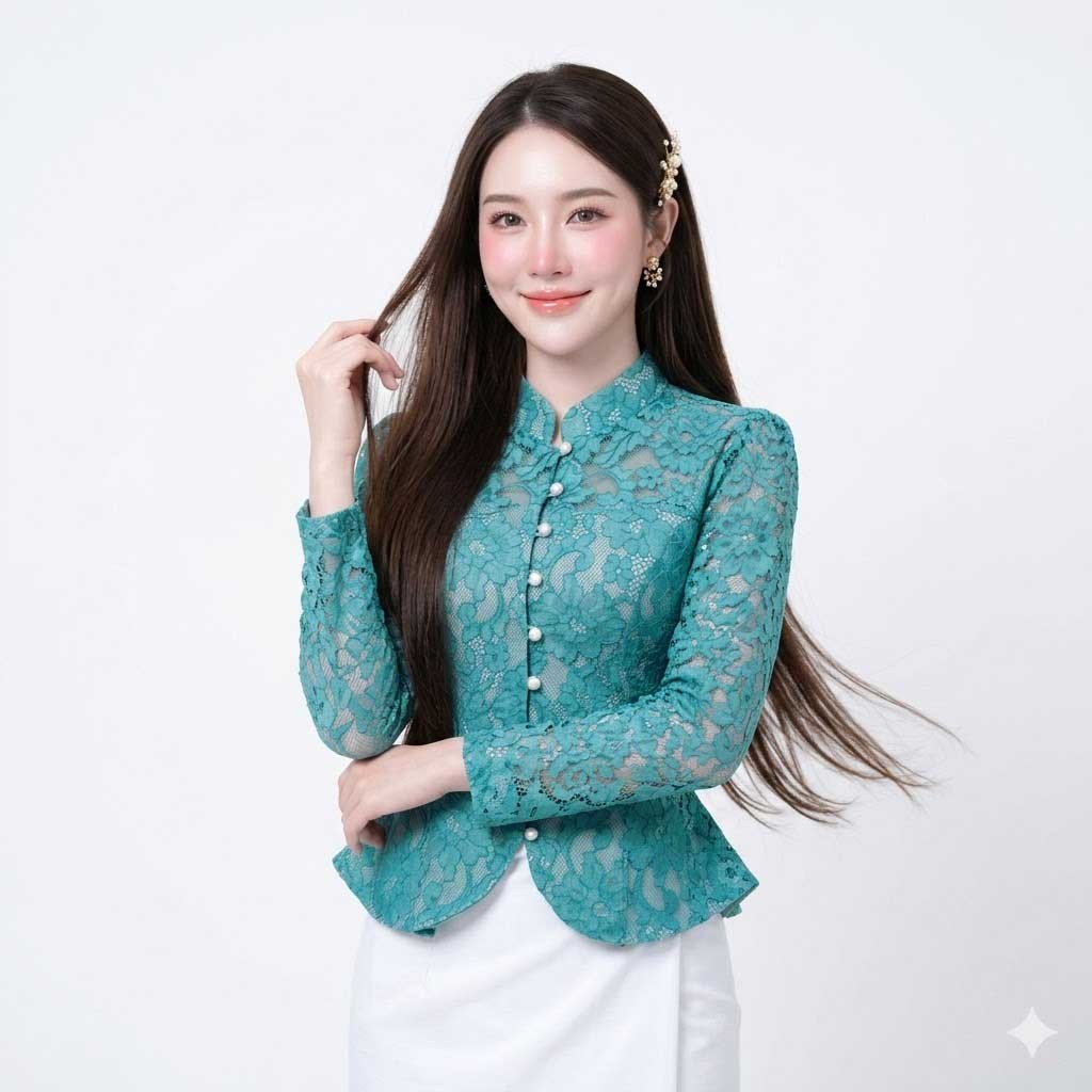เสื้อครอปลูกไม้อิตาลี รหัส วท งานอัดกาวเต็มตัว ทรงสุภาพ คอจีน แขนยาว กระดุมมุกหน้า พลัสไซส์ อก 34-48 นิ้ว ใส่ทำบุญ